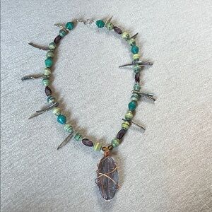 Turquoise and Purple Beaded Necklace with Copper Accents